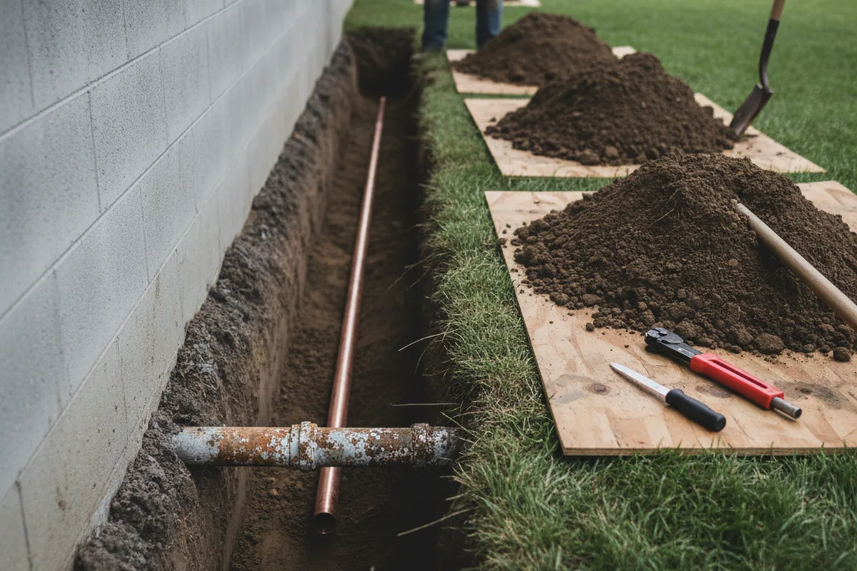 Excavated water line trench during Water Heater Repair in Kempton